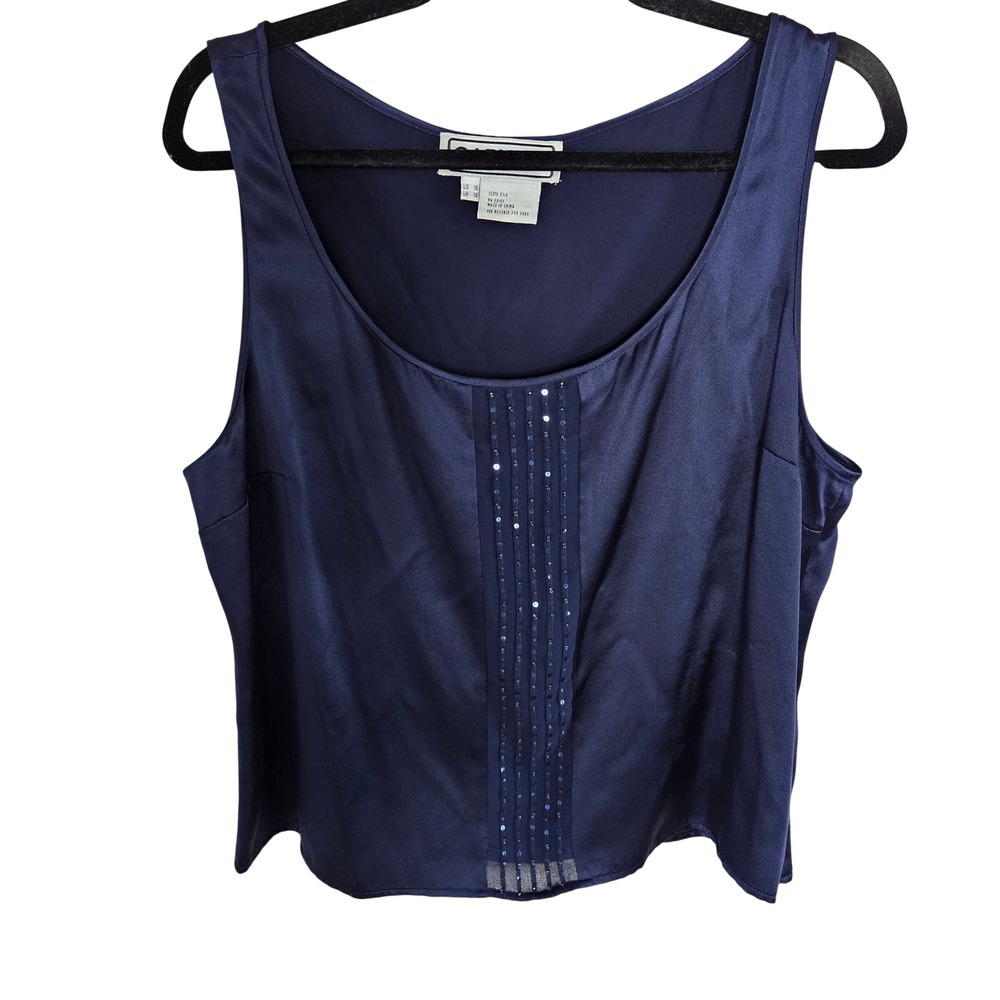 Carlisle Woman SZ 16 Navy 100% Silk Blouse Embellished Front Sleeveless Classic